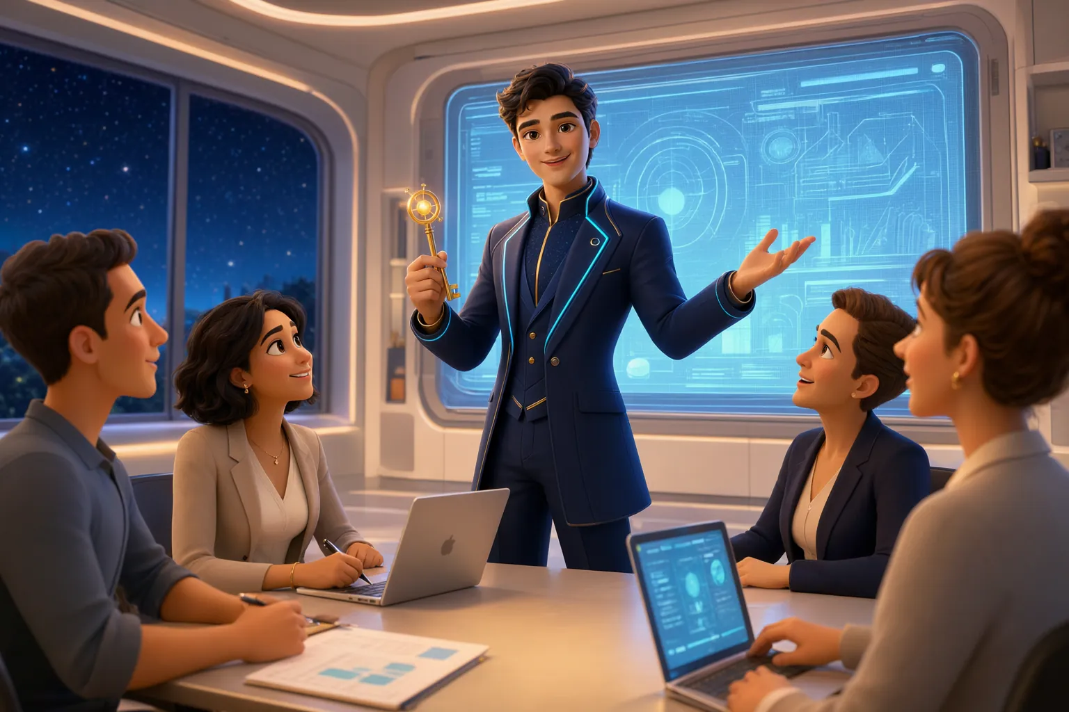 Cosmo trains a business team at a holographic presentation wall