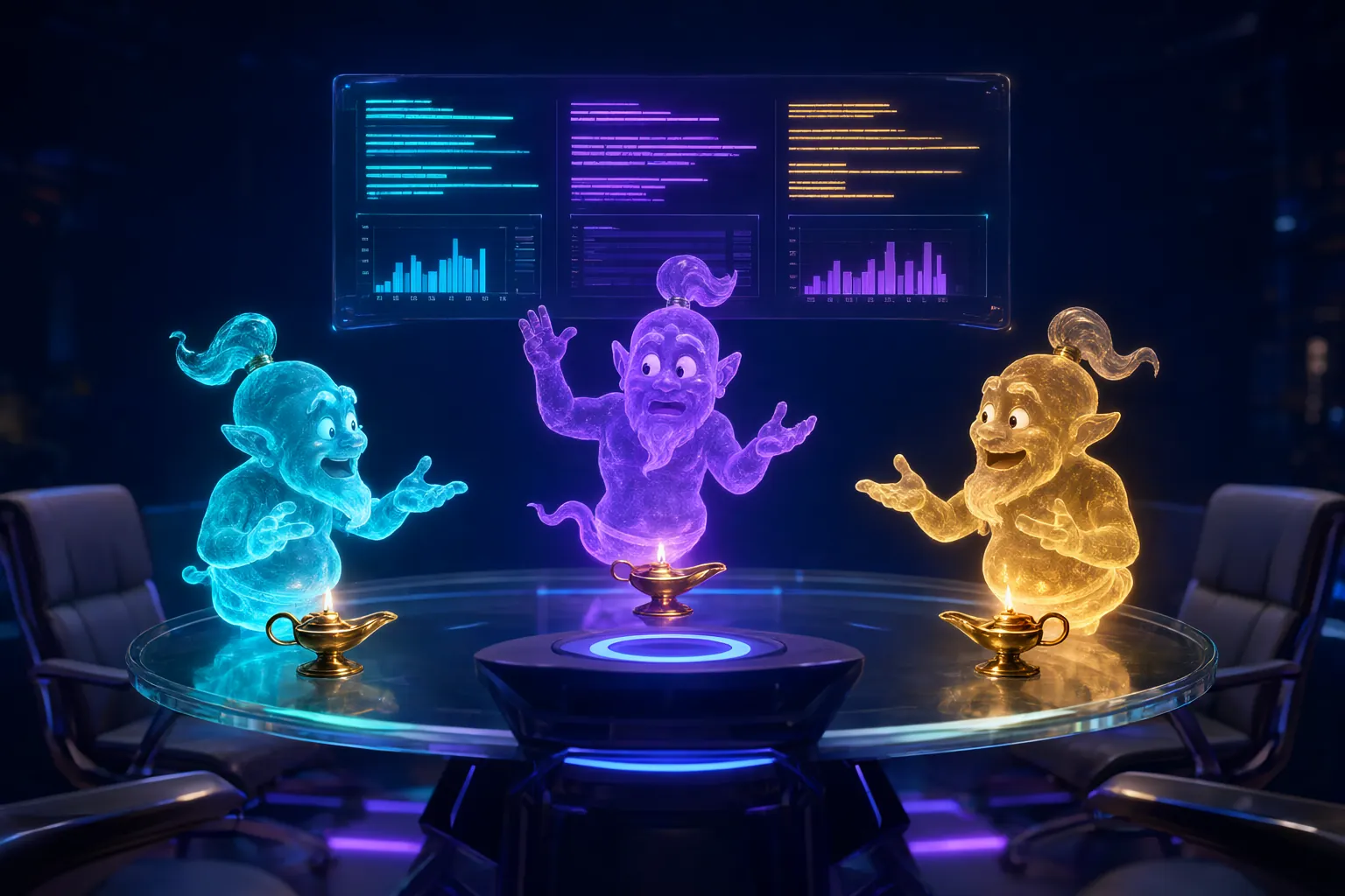 Three AI genies debating at a round table and comparing their answers