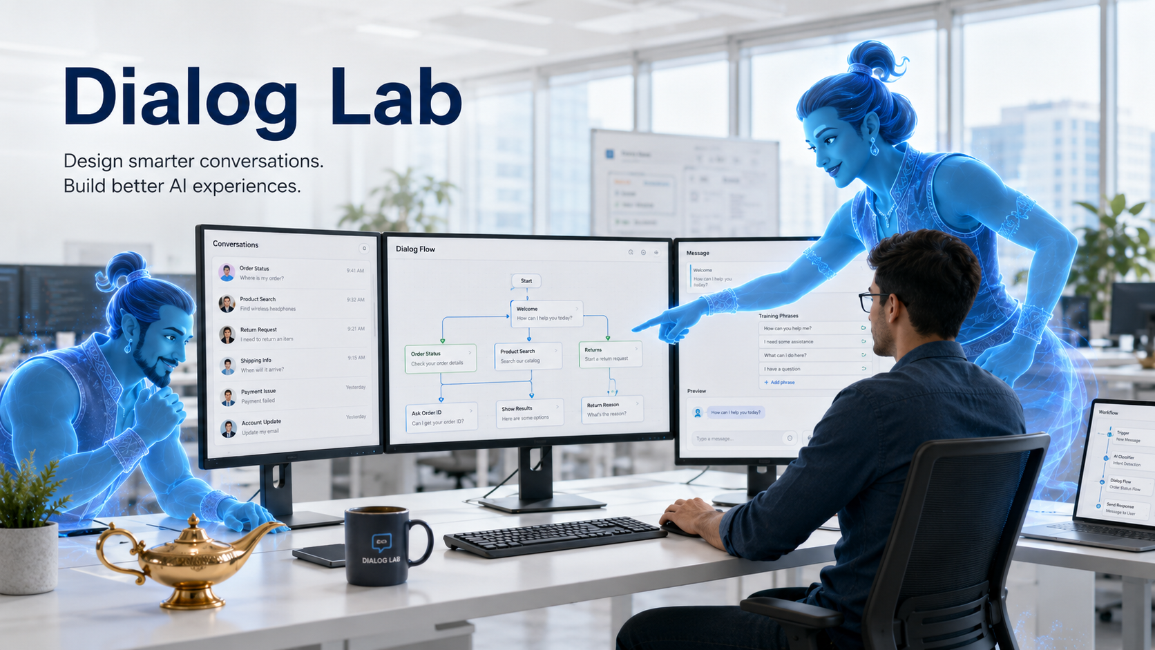 Jinny mascots support the Dialog-LAB multi-model workspace