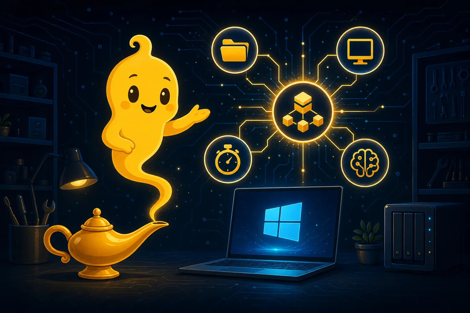 Jinny zeigt den lokalen SindByte MCP-Hub mit Datei-, Desktop-, Timer- und KI-Werkzeugen