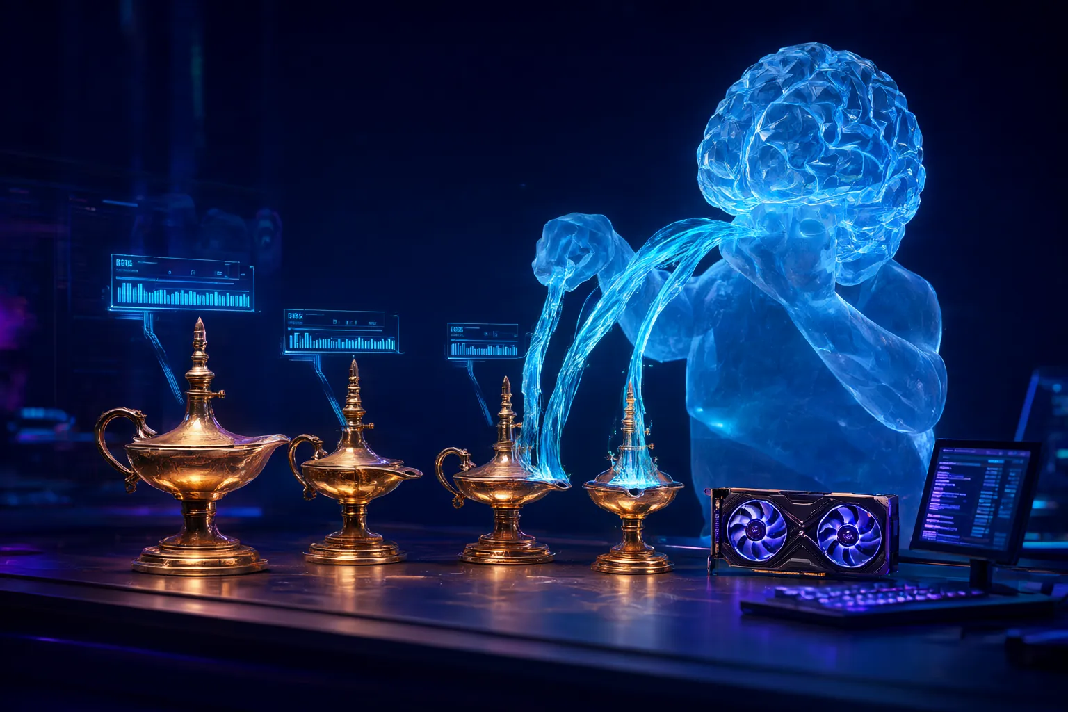 Genie füllt KI-Modelle in Lampen unterschiedlicher Größe neben einer Grafikkarte