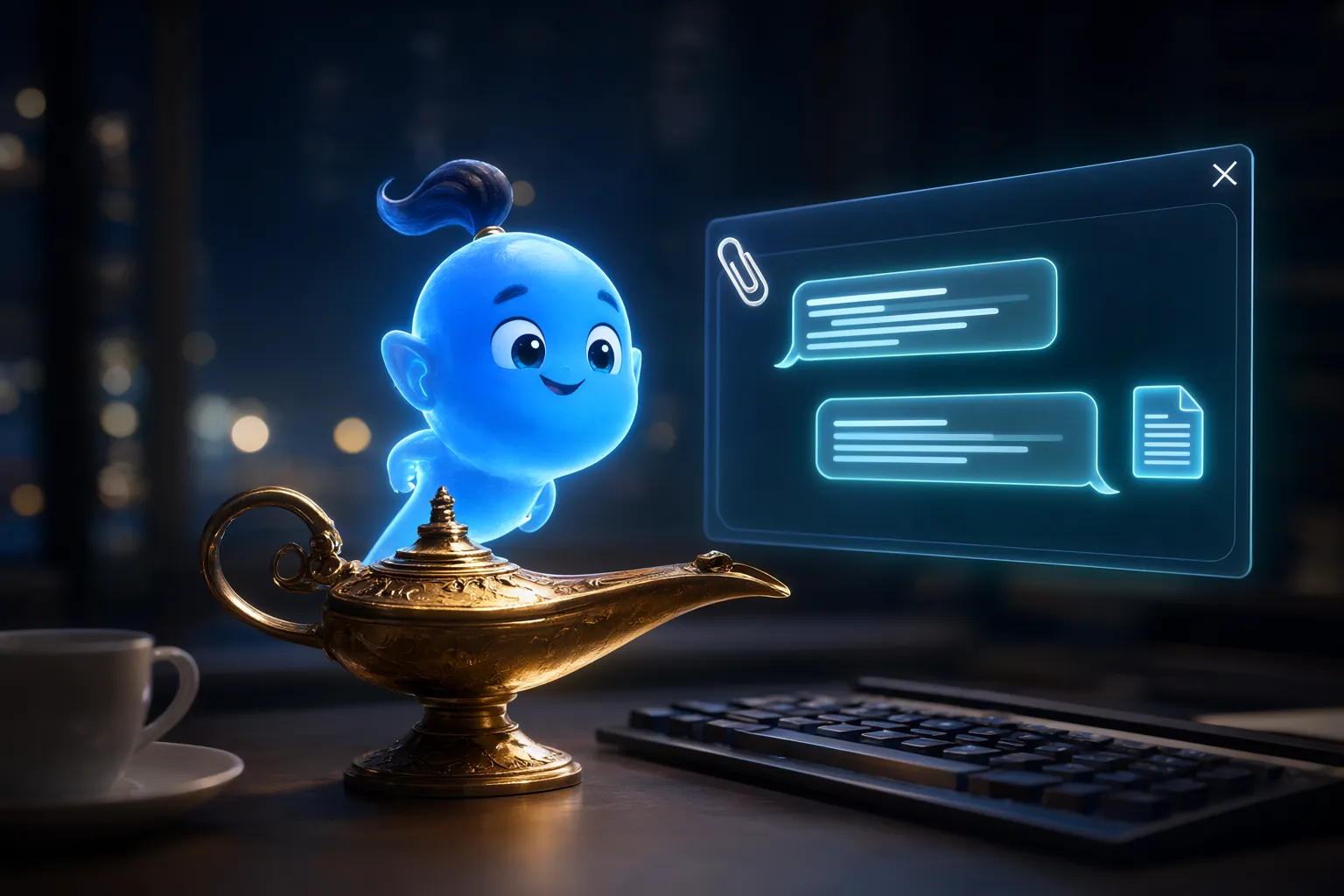 Small AI genie next to a chat window with a file attachment