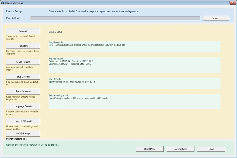 Screenshot PlanJinn V4: settings with provider routing per stage
