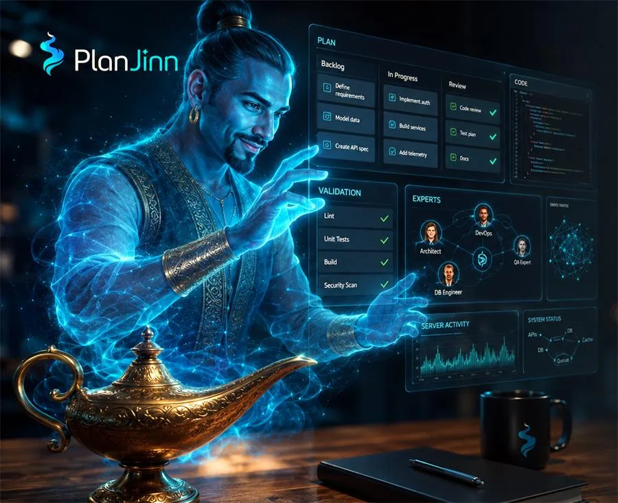 Genie arranging plan, validation, experts and code on holographic boards
