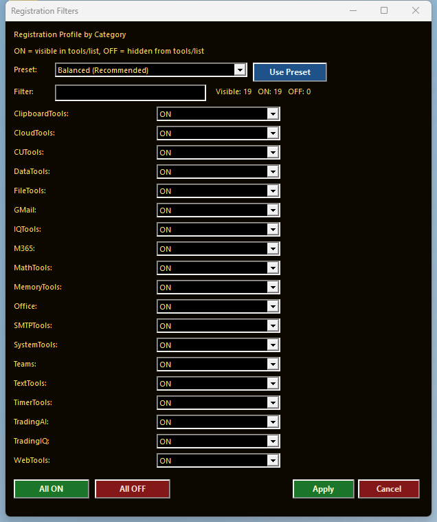 Registration Filters dialog screenshot
