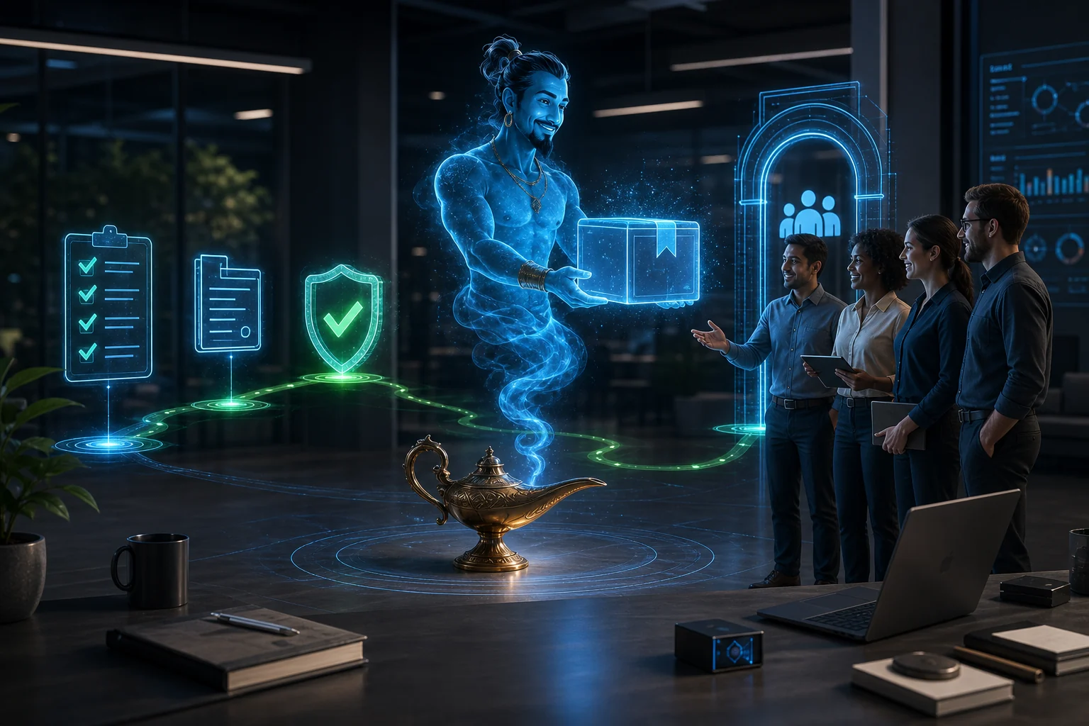 Der WorkJinn-Dschinn übergibt ein geprüftes Projektpaket an das Team