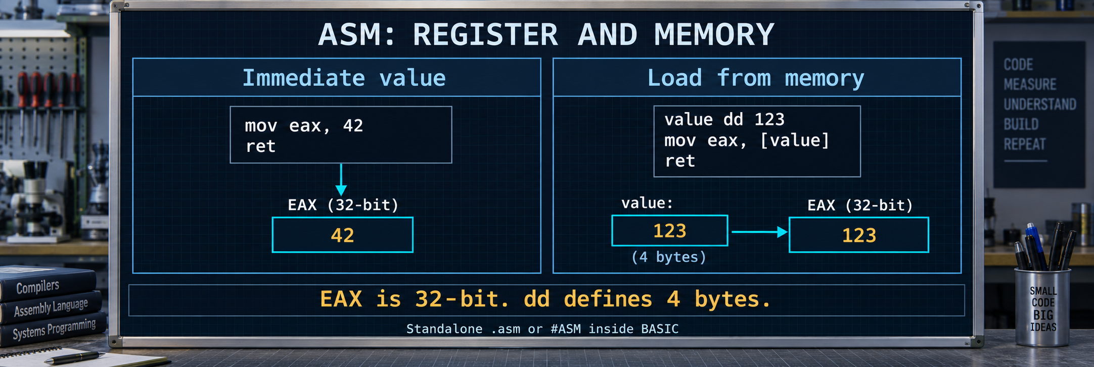 There are two workflows: #ASM blocks inside BASIC and standalone .asm source files. The first example uses a BASIC wrapper; the others use the separate ASM input.