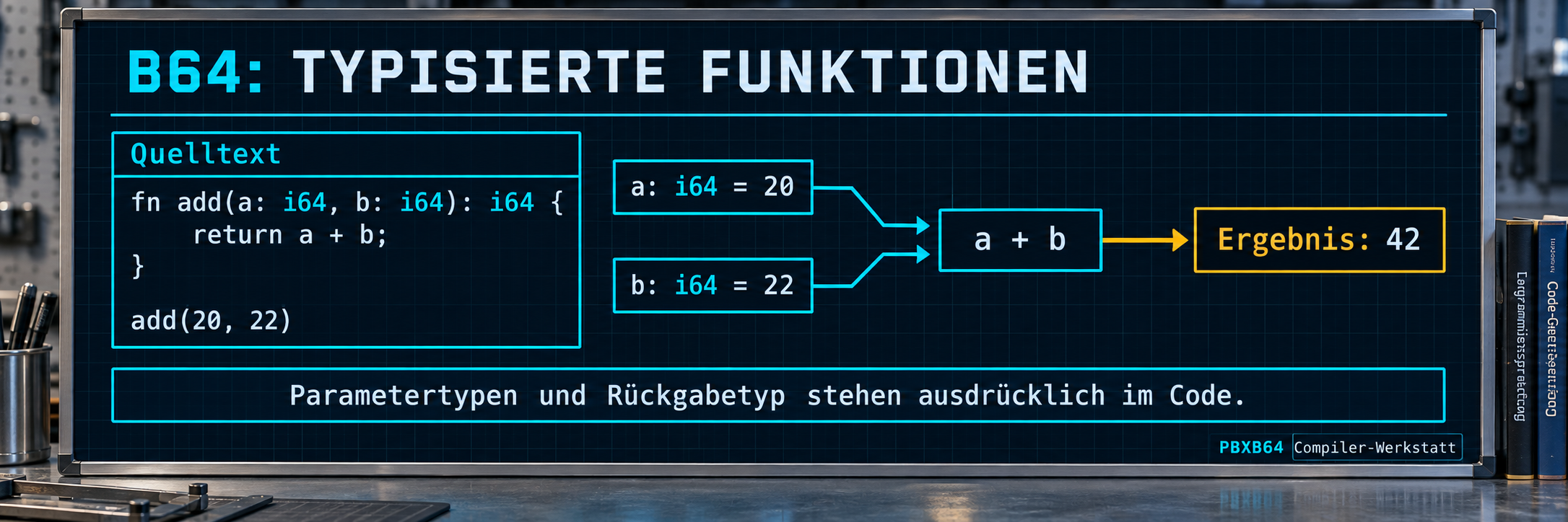 B64 verwendet typisierte Variablen und Funktionen mit geschweiften Blöcken. Diese Beispiele zeigen Schleifen, Parameter und einen gezielten Schleifenabbruch.