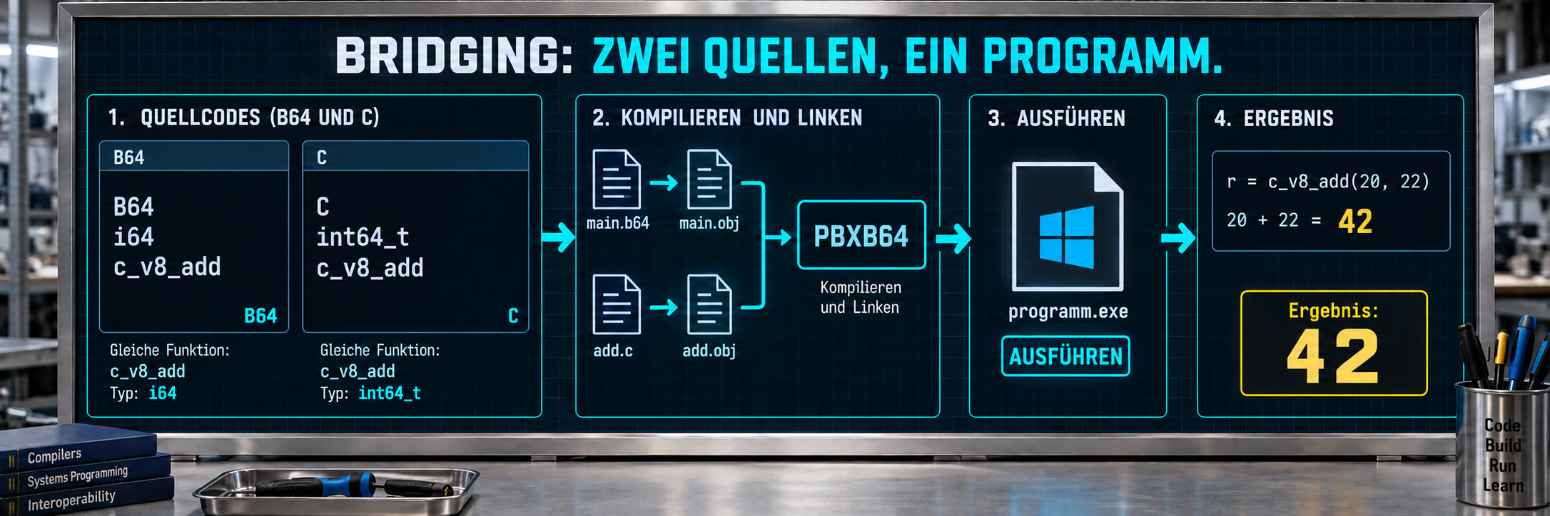 Sprachen verbinden sich über konkrete Symbol- und Typverträge. Jeder Fall zeigt beide vollständigen Quellen, die erwarteten Werte und den gemeinsamen Build-Ablauf. Diese zusätzlichen Fälle sind nicht neu nativ qualifiziert.