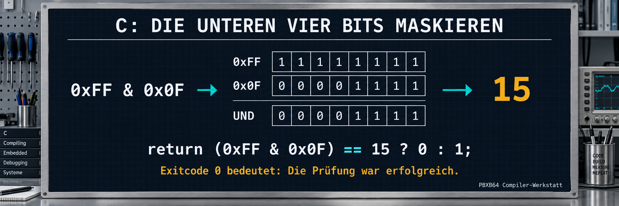 Der C-Eingang verwendet main und C-Ausdrücke. Ein return-Wert kann als Prozess-Exitcode geprüft werden; printf ist dagegen eine Ausgabe.