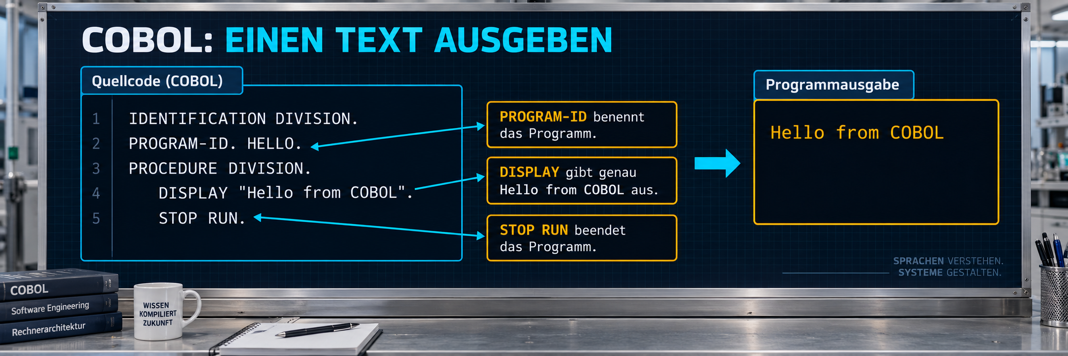 COBOL trennt Identifikation, Datenbeschreibung und Ablauf. PIC beschreibt das Datenformat; DISPLAY erzeugt Ausgabe, STOP RUN beendet das Programm.