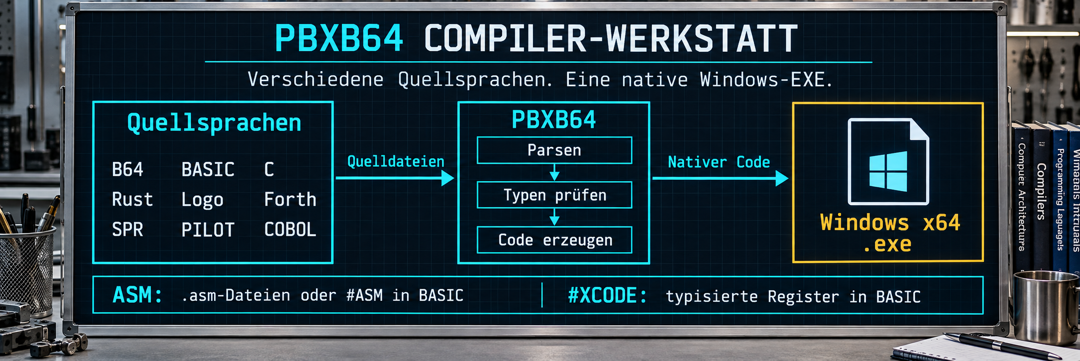 Mehrere Quellsprachen werden zu nativen Windows-Programmen übersetzt. ASM und XCODE bieten zusätzliche Arbeitsweisen in BASIC.
