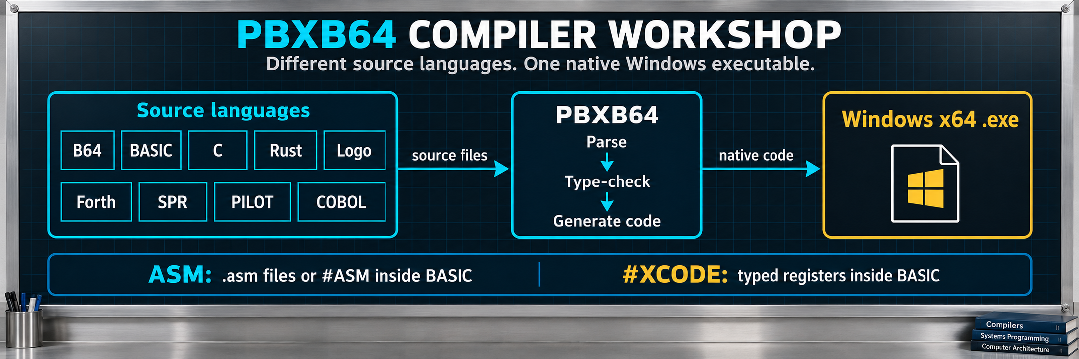 Multiple source languages compile to native Windows programs. ASM and XCODE offer additional workflows inside BASIC.