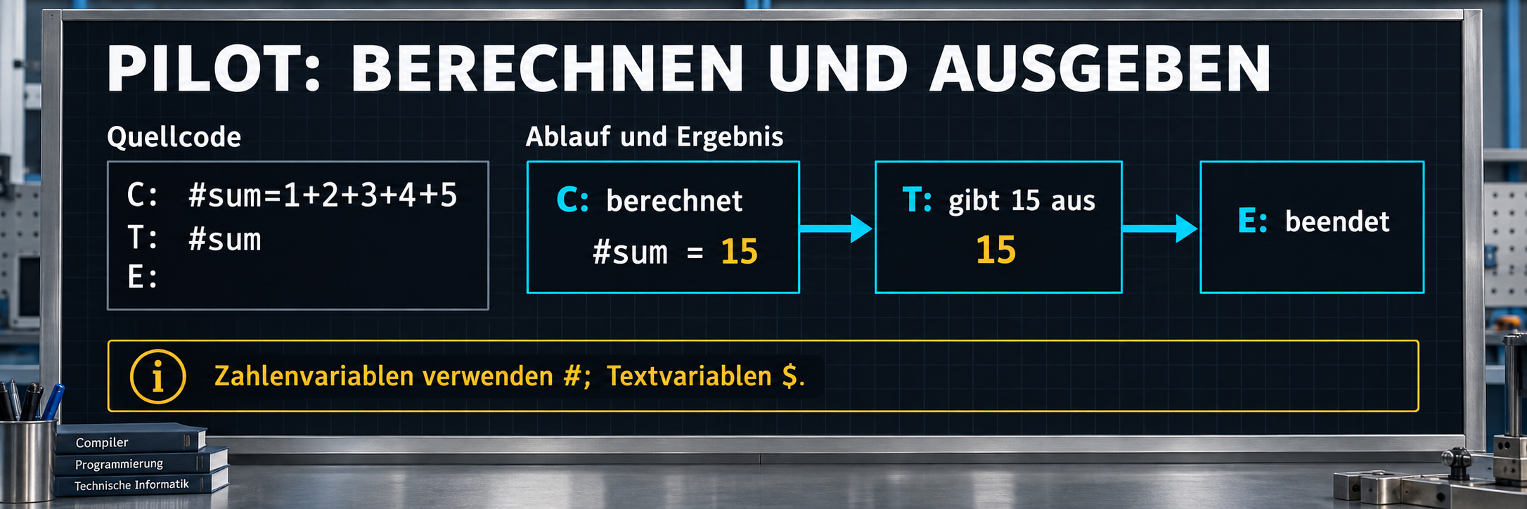 PILOT verwendet Präfixe wie C: für Berechnungen, T: für Text und J: für Sprünge. #Namen sind numerische Variablen; $Namen bezeichnen Strings.
