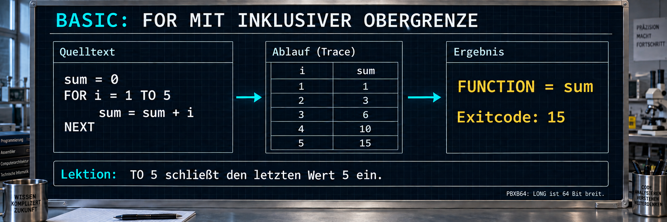 Der BASIC-Eingang verbindet PBMAIN, typisierte Variablen und strukturierte Anweisungen mit PBXB64-Erweiterungen. LONG ist in PBXB64 64 Bit breit.