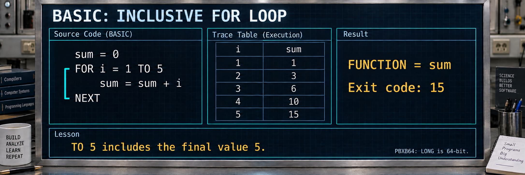 The BASIC input combines PBMAIN, typed variables and structured statements with PBXB64 extensions. LONG is 64-bit in PBXB64.