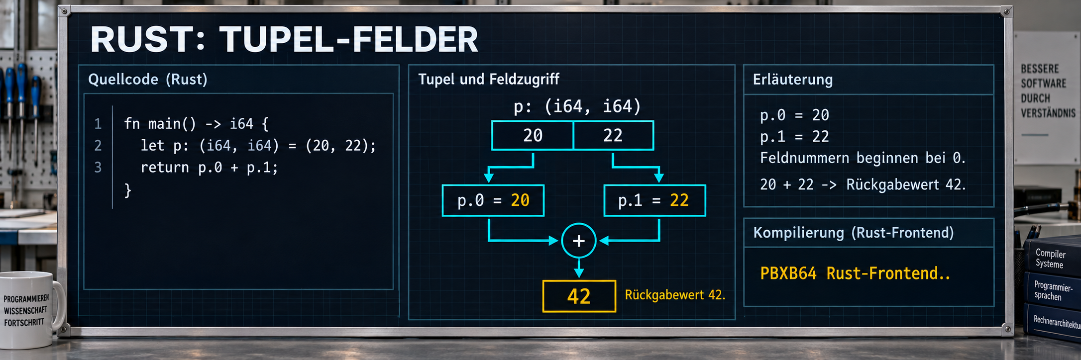 Der Rust-Eingang nutzt fn, let und ausdrückliche Typen. Diese kleinen Beispiele zeigen Schleifen, Integerarithmetik und Tupel; sie sind keine Zusage für beliebige Cargo-Projekte.