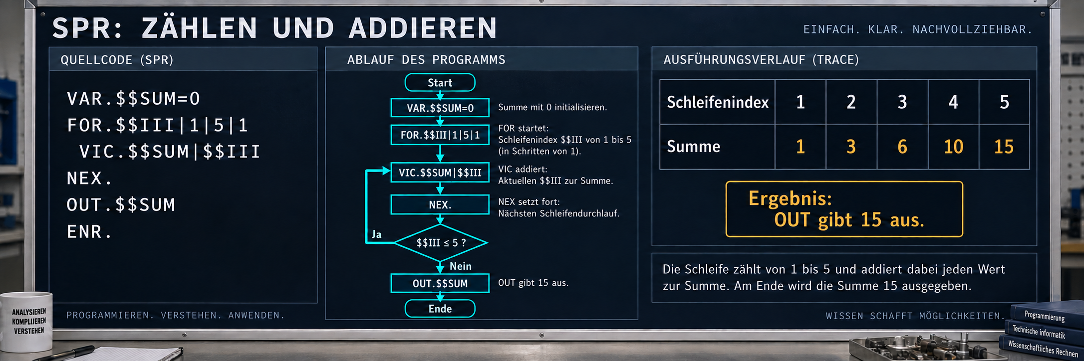 SPR verwendet kurze Befehlspräfixe und Variablen wie $$SUM. Die gezeigten nativen Beispiele verbinden explizite Werte, Berechnungen und Ausgabe.