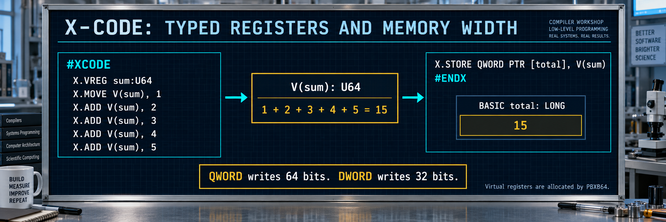 X-Code is a typed assembler dialect inside BASIC. Virtual registers describe values; the compiler assigns physical registers. Memory operations specify their width explicitly.