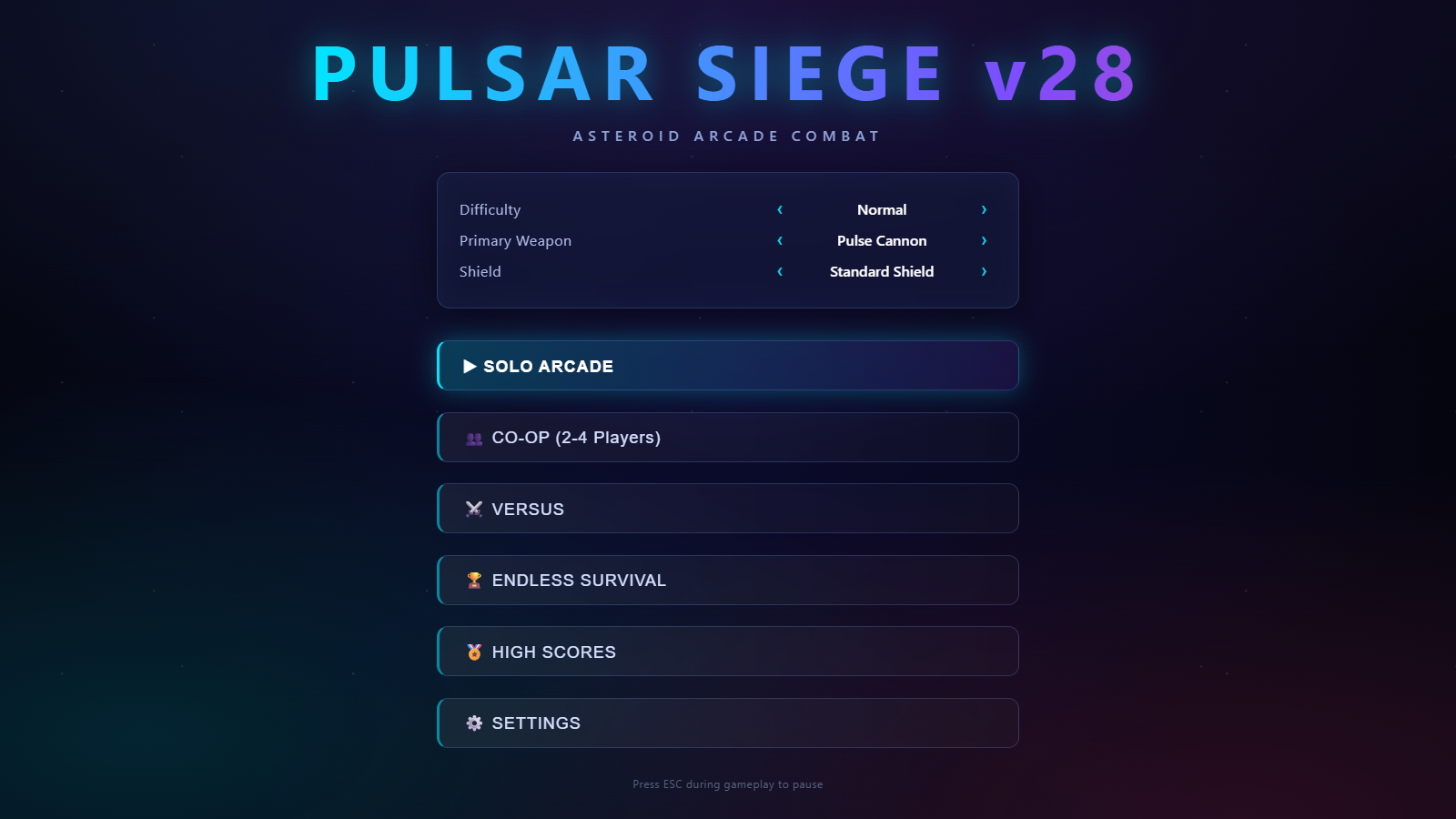 Hauptmenü von Pulsar Siege