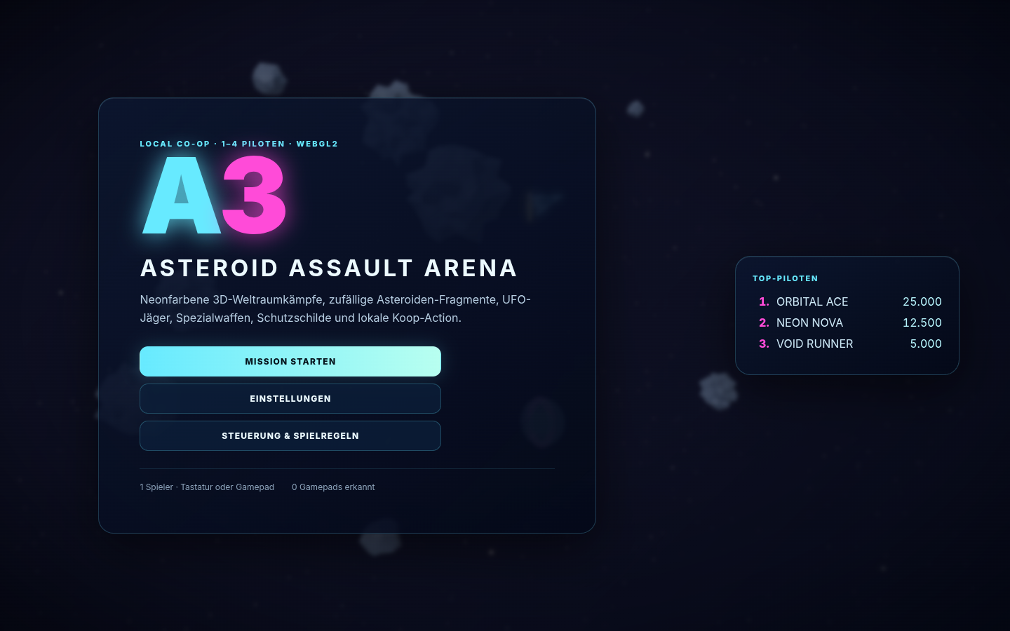 A3 Asteroid Assault Arena main menu